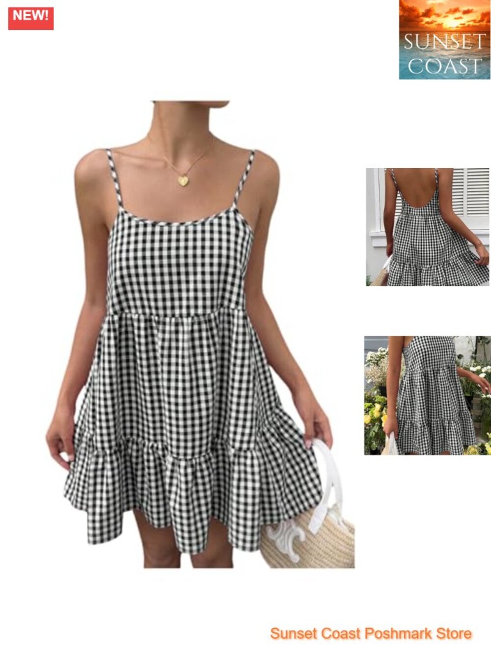 Summer Gingham Backless Ruffle Mini Dress Sleeveless Square Neck